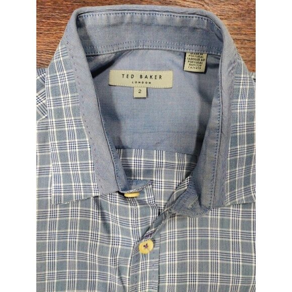 Ted Baker London Plaid Long Sleeve Curved Hem Button-Up Shirt Blue Men's Size 2 - Picture 4 of 8